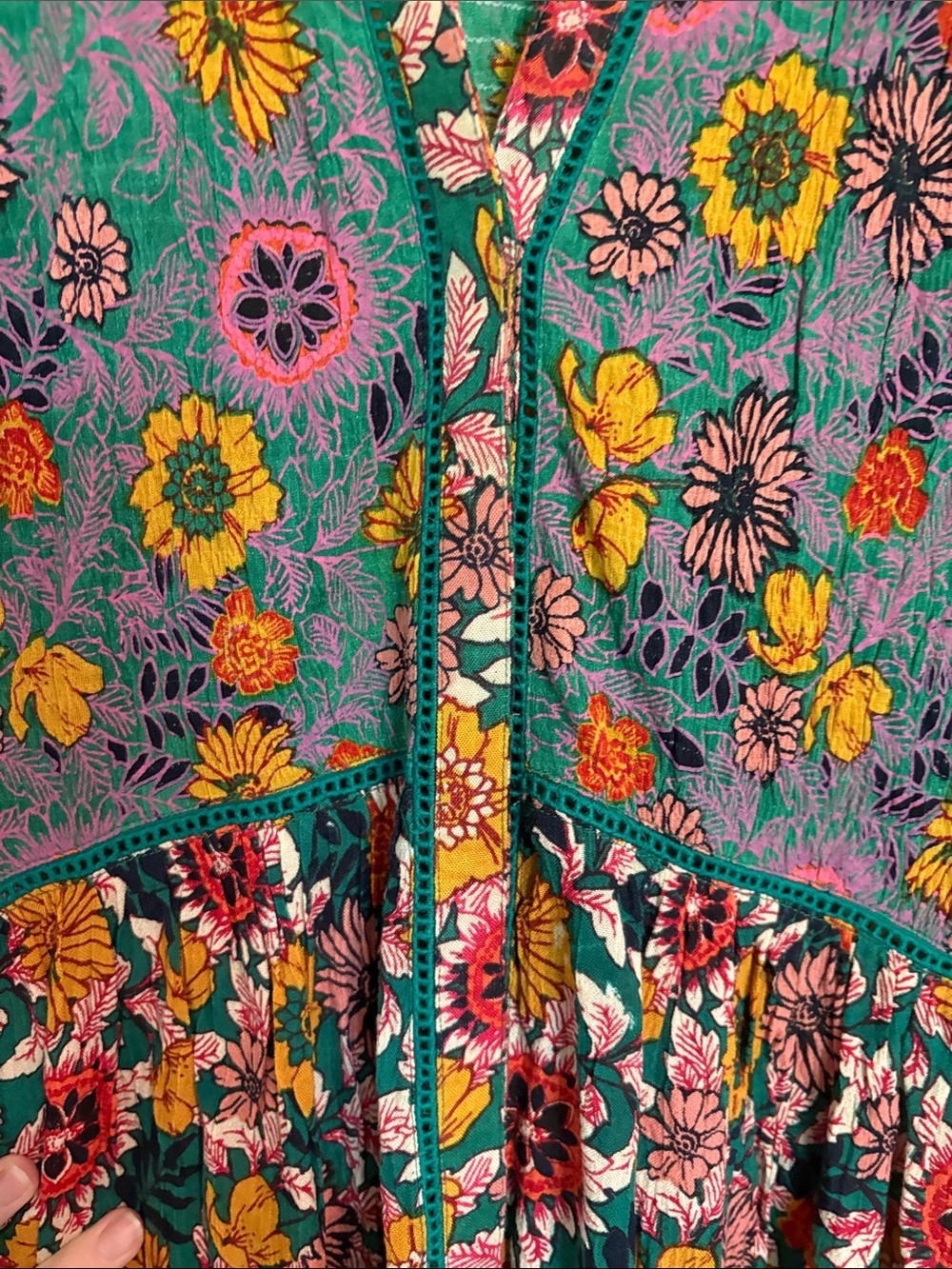 Anthropologie Akemi + Kin Floral Split-Pane Peplum Tunic in Teal, Pink, Mustard - Picture 4 of 6